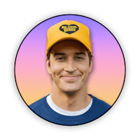 a man wearing a yellow hat and a blue shirt